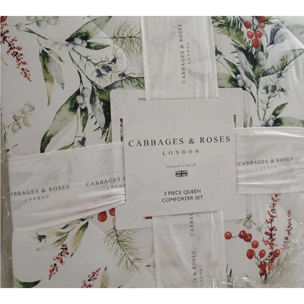 New Cabbage and Roses Christmas Foliage Fir Ruby Queen Comforter Set 90”x90”